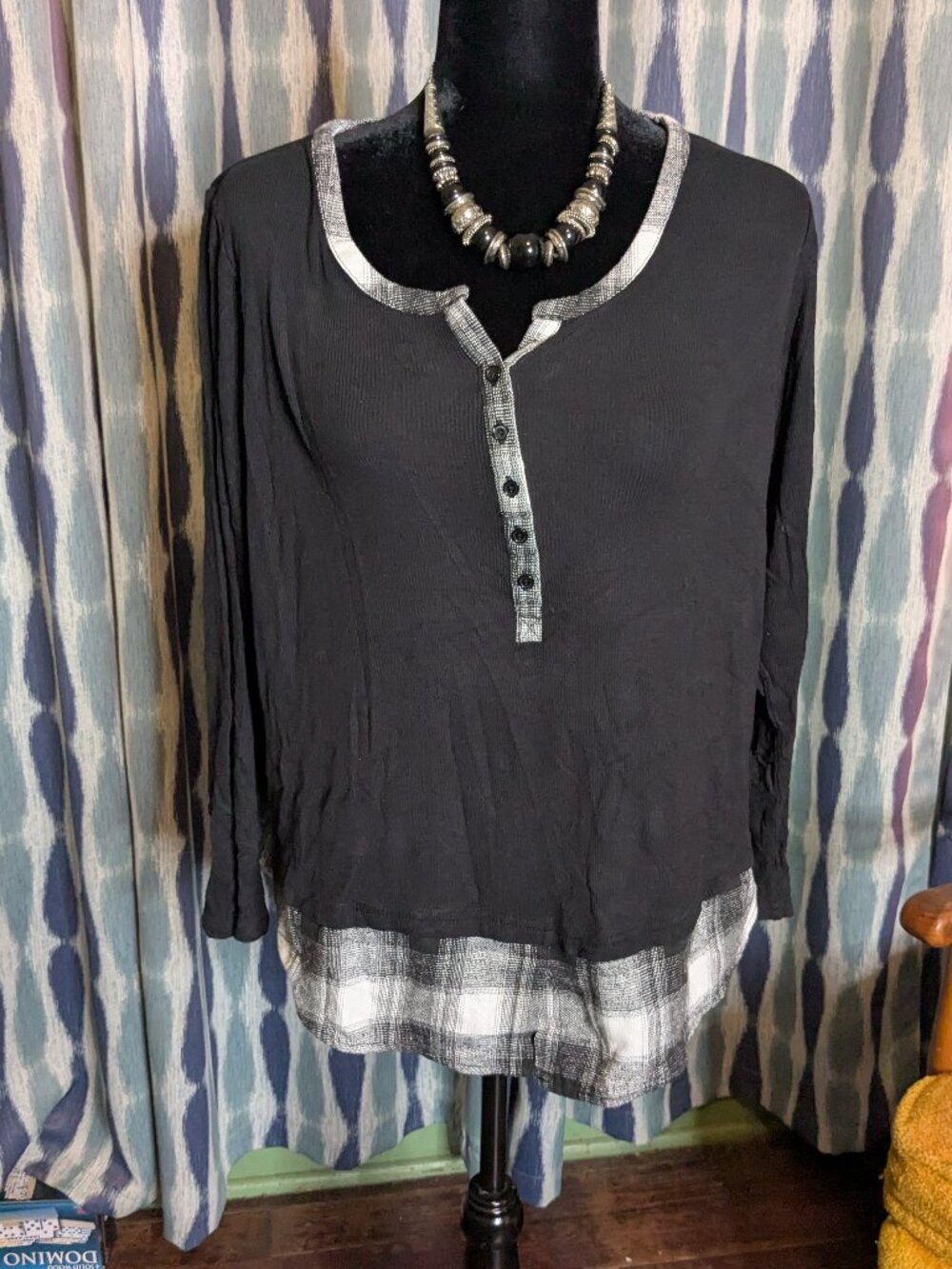 Venus Black Plaid Trim Layered Look Henley Top Size 1X